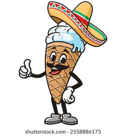 Ice Cream with sombrero,  Cartoon Character Mascot Illustration Vector Clip-art Hand-drawn Logo Design