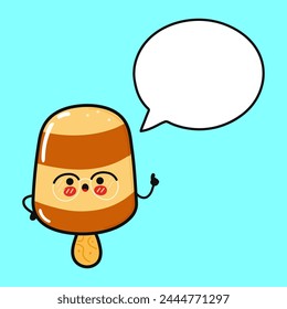 Ice cream with speech bubble. Vector hand drawn cartoon kawaii character illustration icon. Isolated on blue background. Ice cream character concept