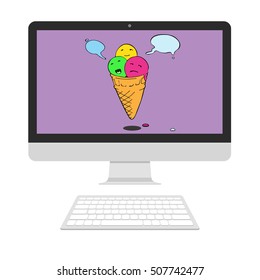 Ice cream with speech bubbles on computer screen. Vector flat illustration. Isolated on white background
