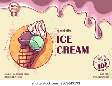 Ice cream spring sale degustation. Special offer. Vector illustration, horizontal sale banner or flyer template.