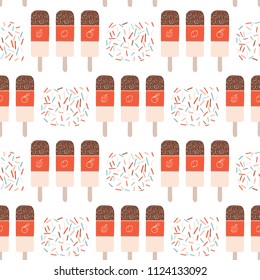 
Ice Cream Sprinkles Seamless Vector Pattern, Hand Drawn Illustration of Cute Lollies for Summer Fashion Prints, Textiles, Scrapbooking, Kids Party Decor , Food Packaging & Pretty Stationery 