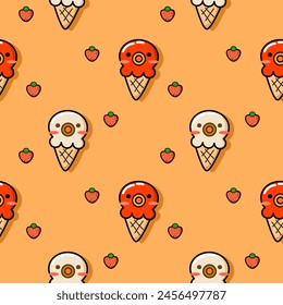 Ice cream squid cartoon so cute. On strawberry yellow background. Pattern seamless vector illustration. 