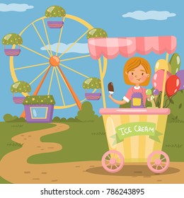 Ice cream stall, amusement park concept vector illustration,