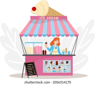 Ice cream stall with different types of ice cream and a saleswoman. Vector illustration in a flat style.