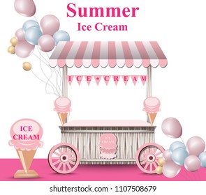 Ice cream stand and balloons Vector  Summer background  Birthday card event posters