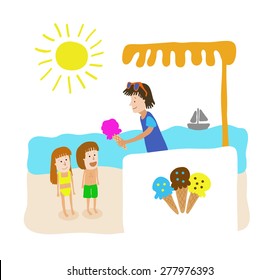 Ice Cream Stand In The Beach, Vector Illustration