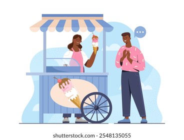 Suporte de sorvete. Homem comprando sobremesa congelada e delicadeza. Pare com gelato. Comida de rua para a estação de verão. Comprador e vendedor. Ilustração de vetor plano isolada no plano de fundo branco