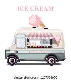 Ice cream stand vehicle Vector. Summer background. Birthday card or event posters