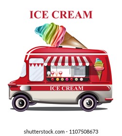 Ice cream stand vehicle Vector. Summer background. Birthday card or event posters