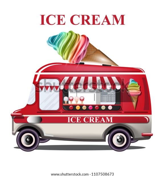 Ice cream stand vehicle Vector. Summer\
background. Birthday card or event\
posters
