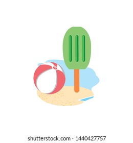 ice cream with stick in the beach and ball plastic