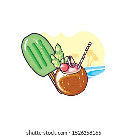 ice cream with stick in the beach and cocktail coconut vector illustration design