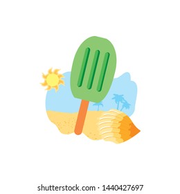 ice cream with stick in the beach and seashell