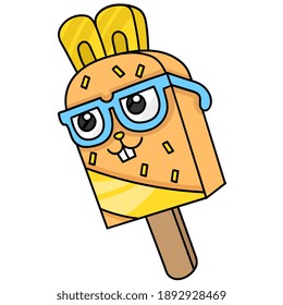 Ice cream stick with a bespectacled nerd face, character cute doodle draw. vector illustration