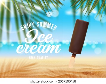 Ice cream stick with chocolate glaze on summer beach, cold sweet dessert food vector design. Eskimo ice cream realistic 3d poster with background of exotic sand beach, sea waves and green palm leaves