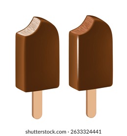 Ice cream stick. Chocolate and cream ice cream in chocolate glaze. Vector 3d illustration isolated on white background.