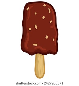 Ice Cream Stick Chocolate Glazed with Nuts Vector Illustration 