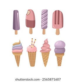 Ice cream stick. Ice cream cone. Dessert icon. Blueberry ice cream. Strawberry ice cream. Icecream store. Cute icecream. Flat design icecream.