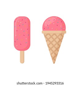 Ice cream stick and ice cream cone isolated  on white background. Vector illustration