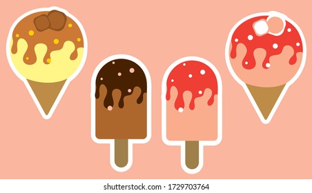 Ice cream stick cone summer desserts cute pink cartoon sweet food stickers icons vector set
