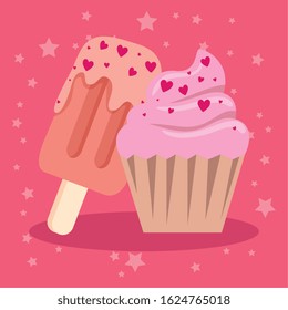 ice cream in stick with cupcake vector illustration design