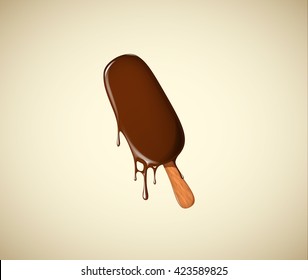 Ice cream stick with delicious chocolate flavor melting ice cream isolated.