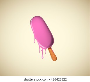 Ice Cream Stick With Delicious Pink Strawberry Flavor Melting Ice Cream Isolated.