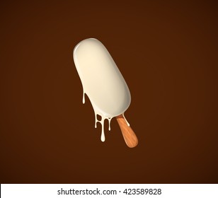 Ice cream stick with delicious white chocolate flavor melting ice cream isolated.