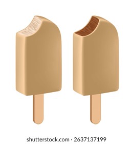 Ice cream stick. Ice cream glazed with white chocolate. Vector 3d illustration isolated on white background.