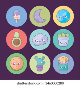 ice cream with stick  kawaii style icon set