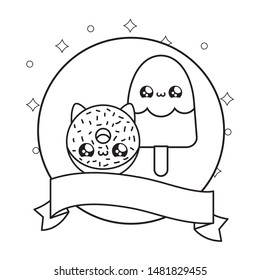 ice cream in stick with sweet donut and ribbon kawaii style