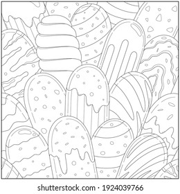 Ice cream stick with various flavours, so tasty and delicious. Learning and education coloring page illustration for adults and children. Outline style, black and white drawing
