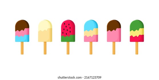 Ice cream with stick vector icon, chocolate and popsicle set, summer sweet food, cartoon freeze candy  isolated on white background. Fun illustration
