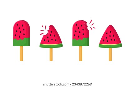 sandía con crema de helado, soles de verano mordidos, icono del vector de dibujos animados. Postre suave, comida dulce aislada de fondo blanco. Ilustración de candy