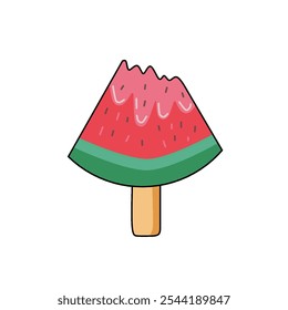 Palo de helado de sandía, helado de verano mordido, icono de Vector de dibujos animados. Postre suave, comida dulce aislada sobre fondo transparente. Ilustración de caramelo. helado de sandía

