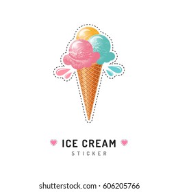 Ice cream sticker or badge, Ice cream cone icons isolated. Trendy 80s pop art design, Vector illustration