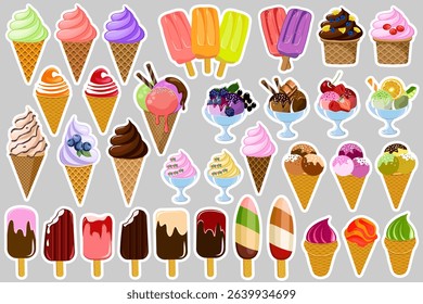 Ice cream sticker collection.Vector collection of stickers and decals with colorful ice cream on a gray background.