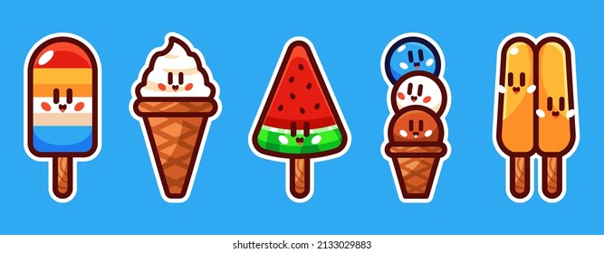 Ice Cream Sticker Cute cartoon with funny kawaii faces. vector illustration set.