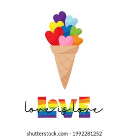 Ice cream sticker with hearts in LGBT rainbow colors. The striped word love is love. Motivational poster. Pride Month. Vector illustration isolated on a white background