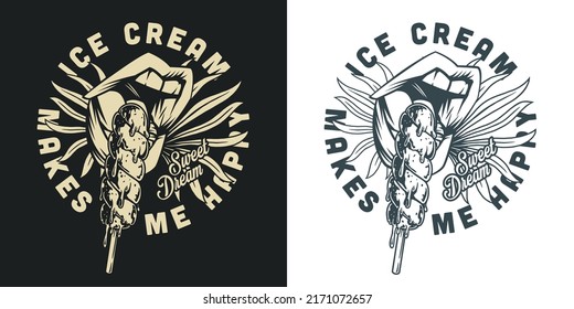 Ice cream sticker monochrome vintage mouth making bite of lollipop to quench thirst and appetite in hot summer vector illustration