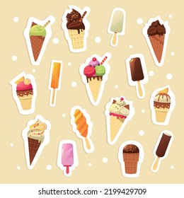 Ice cream stickers. Cartoon cute isolated badges of cold sweet summer desserts, colorful kids emblems and paper sticker collection. Vector set of waffle cups with balls and fruit ice