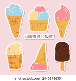 In: Ice Cream Stickers Collection. Poster, Postkarte für den National Ice Cream Day. Set Eis von verschiedenen Geschmacksrichtungen und Formen, in Waffelbecher, Tüte. Vector Food Designs