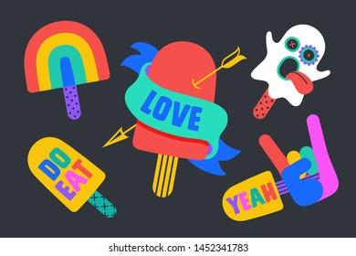 Ice Cream Stickers. Colorful fun stickers for ice cream brand, shop, cafe, ice cream theme. Design cartoon stickers, pins, chic patches, badges isolated on dark background. Vector Illustration