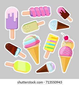Ice cream stickers. Cute cartoon vector illustration. Collection of ice cream