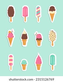 Ice cream stickers set. Different types of ice cream: creamy, chocolate, fruit ice cream. Vector illustration.