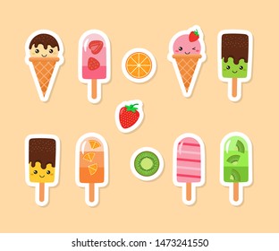 Ice cream. Stickers. Set of ice cream on white background. Vector illustration