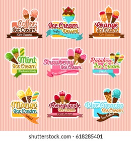 Ice cream stickers. Ice cream taste sorts of fruit ice, mint and strawberry soft ice, frozen pomegranate juice and mango sundae or coffee sorbet with chocolate waffle. Symbols for gelateria cafe menu