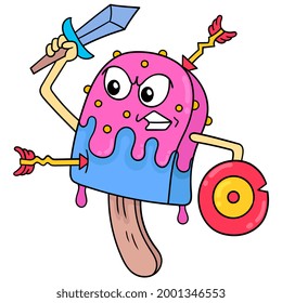 ice cream sticks with fierce faces carrying swords and shields ready for war, vector illustration art. doodle icon image kawaii.
