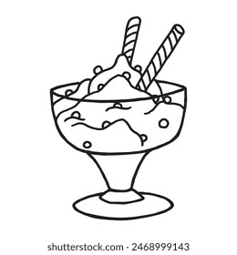 Ice cream with a sticks in a glass cup hand drawn outline illustration. Sweet and tasty refreshing sugar food pen drawing. Delicious delicatessen flat cartoonish logo drawing. Frozen vanilla in a mug.