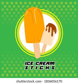 Ice cream Sticks on Green background with dots. Cold dessert with many flavors as orange and Vanilla best for Summer. Drawing Vector illustration with layers.